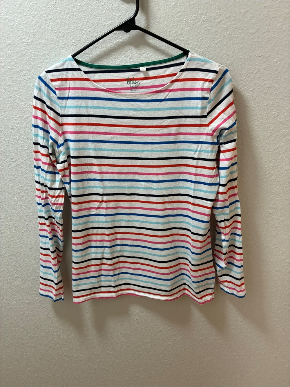 Boden White Long-Sleeve Tee with Multicolor Stripes